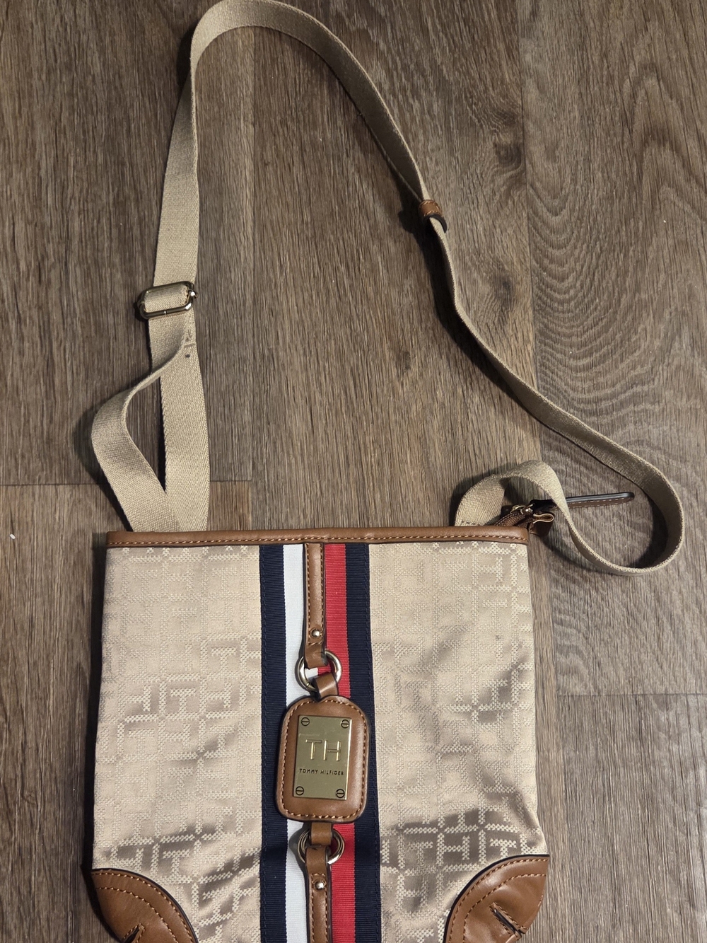 Tommy Hilfiger Beige Crossbody Bag with Red & Navy Stripe